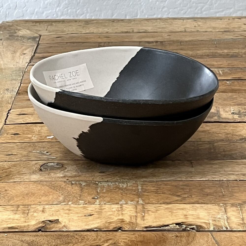 Rachel Zoe Melamine Salad Bowls Set of 2 Black Beige Color Block